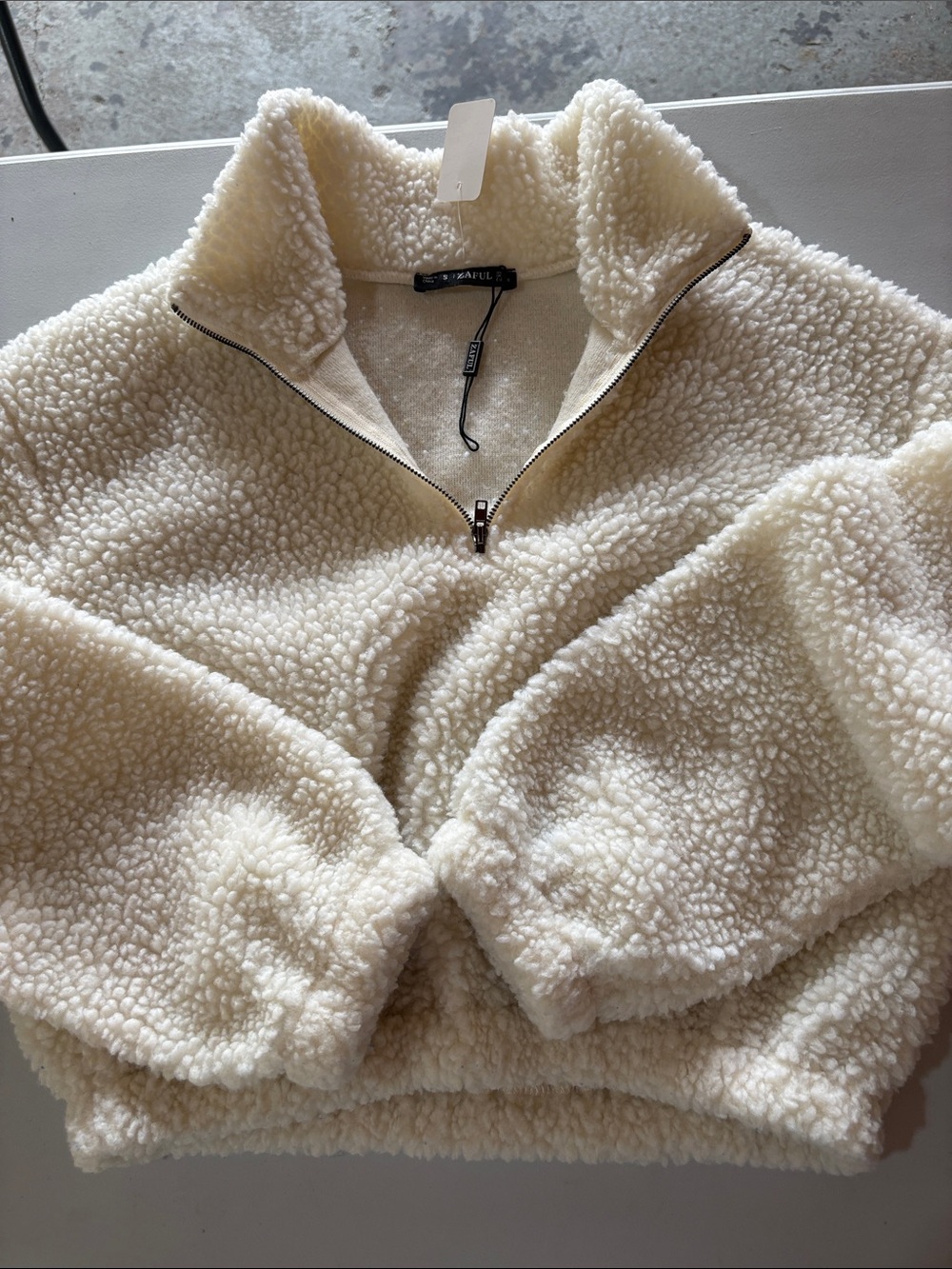 Zaful Cream Sherpa Teddy Half-Zip Pullover Jacket